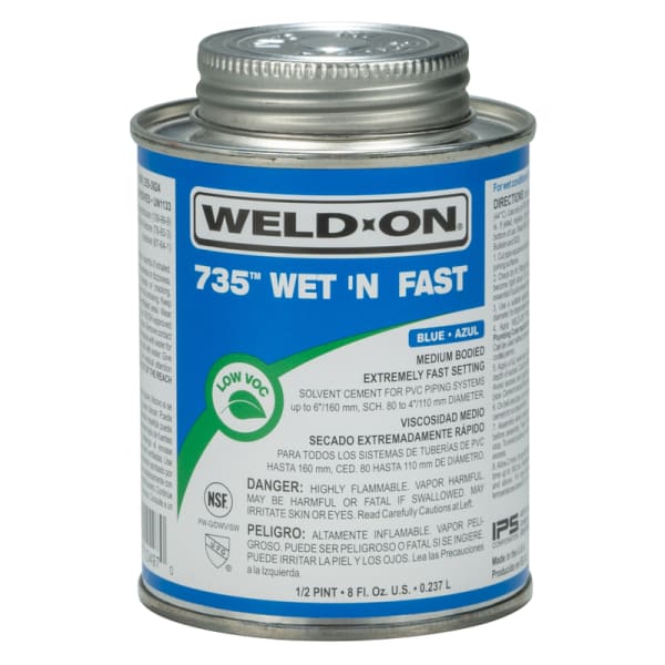 12497 735 Wet ëN Fast PVC Solvent Cement, Blue, Low VOC, High Strength, Medium Bodied, Extremely Fast Setting, 1/2 Pint (8 Fl. Oz.)