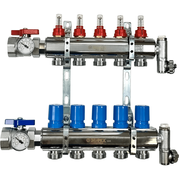3320500 5 Branches - 1 1/2 Chrome Plated Brass Manifold Assembly w/Flowmeter and Ball Valve
