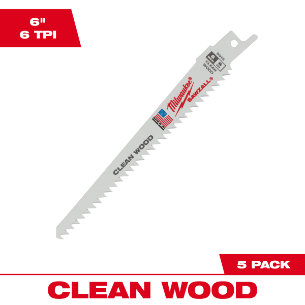 48-00-5015 6" 6 TPI Fleam Ground SAWZALL® Blade for Clean Wood (5 Pack)