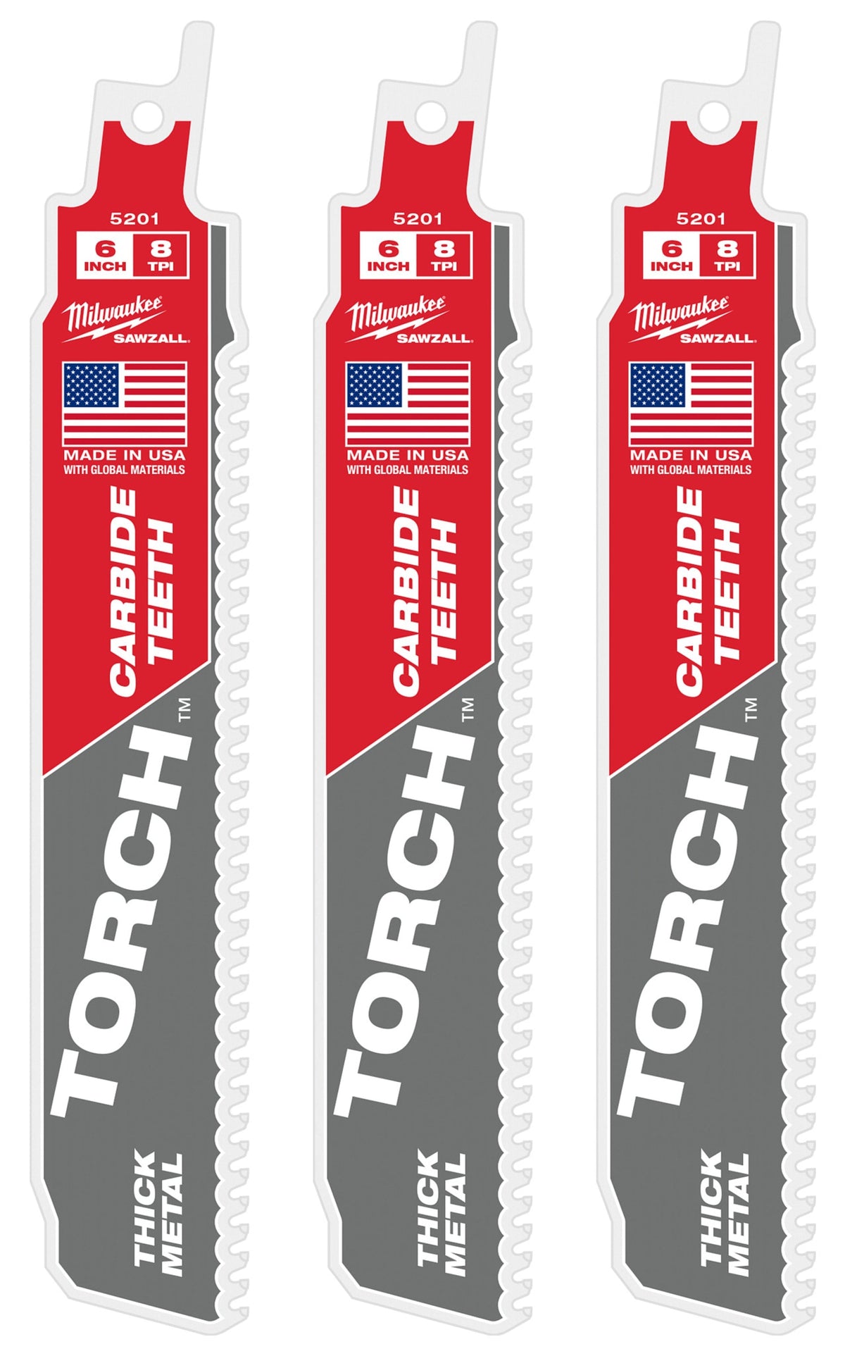 48-00-5301 6" 8 TPI TORCH™ with Carbide Teeth SAWZALL® Blades (3 Pack)