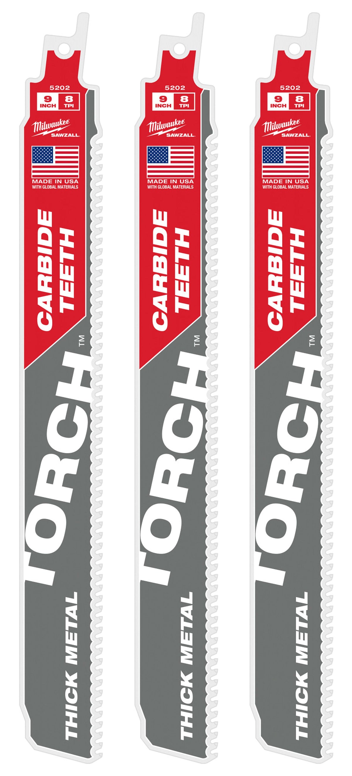 48-00-5302 9" 8 TPI TORCH™ with Carbide Teeth SAWZALL® Blades (3 Pack)