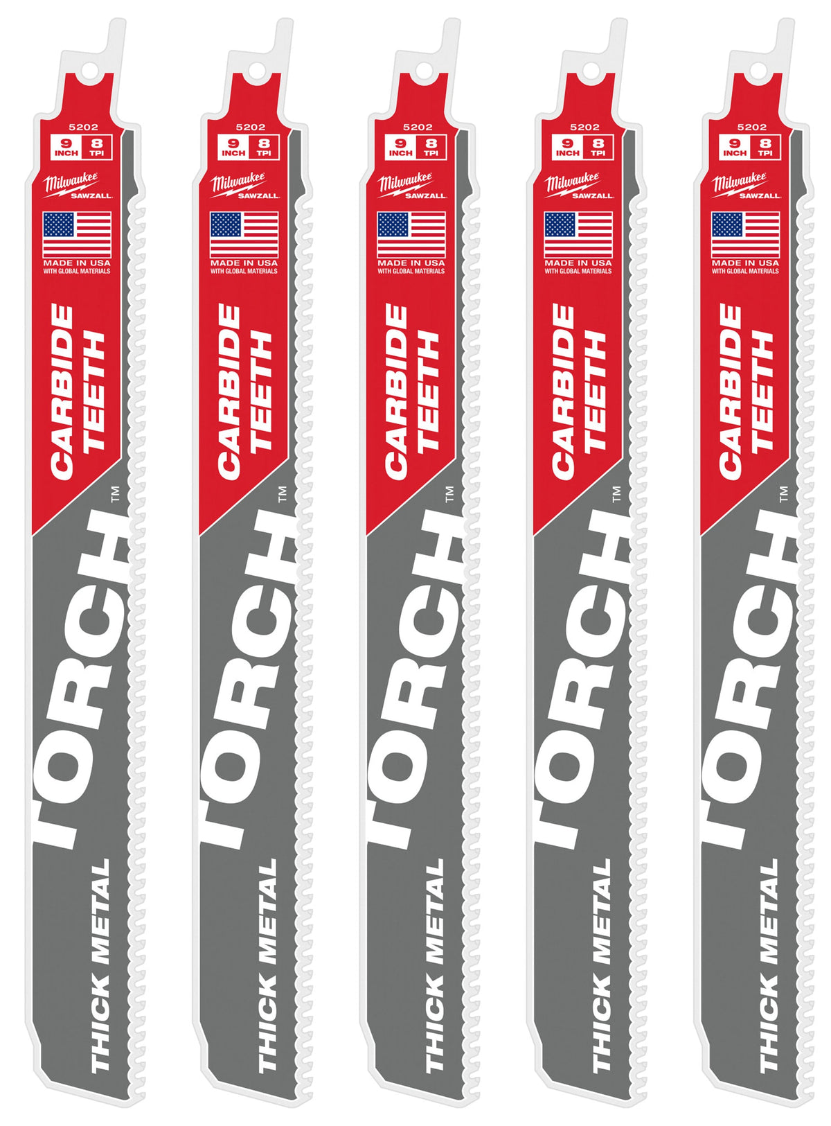 48-00-5502 9" 8 TPI TORCH™ with Carbide Teeth SAWZALL® Blades (5 Pack)