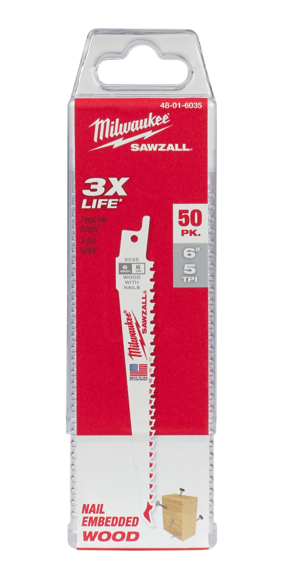 48-01-6035 6" 5 TPI SAWZALL® Blade for Wood with Nails (50 Pack)