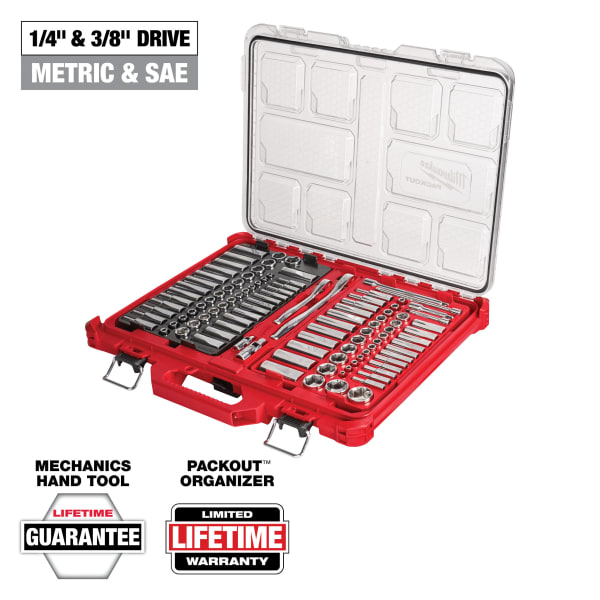 48-22-9486 106 Piece 1/4" and 3/8" Metric & SAE Ratchet and Socket Set with PACKOUT™ Low-Profile Organizer
