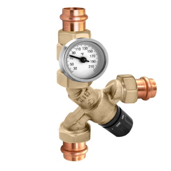 520619AC AngleMix 3-Way Thermostatic Mixing Valve 1" Sweat Union with Inlet Check Valves & Temperature Gauge, Cv 3.5