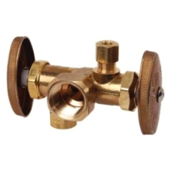 R1700DVX R 1/2" x 3/8" x 1/4" Dual Angle Stop - FIP x Comp x Comp, Rough Brass
