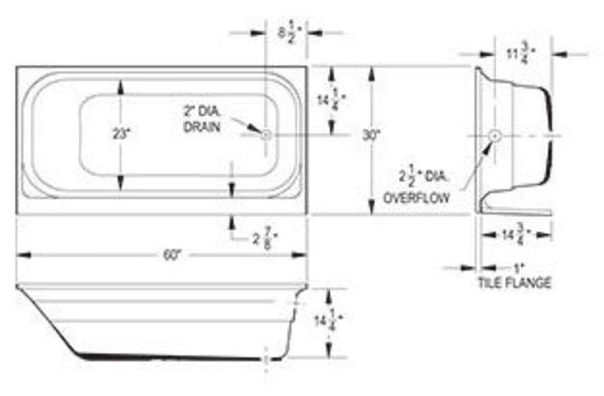 60" x 30" x 15-3/4", 11-3/4" Water Depth, Semi-Gloss White, Molded Fiberglass, 2" Right Hand Drain, Rectangle in Outside, 1-Piece