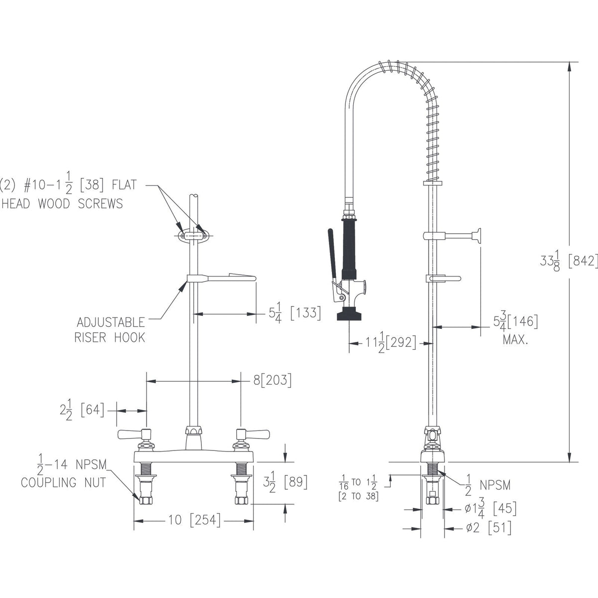 LK843LC 8" Centerset Exposed Deck Mount Faucet 44in Flexible Hose w/1.2 GPM Spray Head 2" Lever Handles 1.2 GPM Spray Head