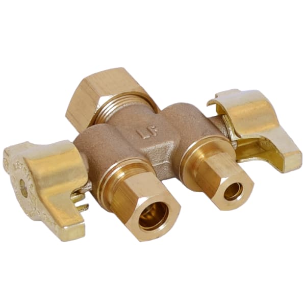 114-730NL 5/8" x 3/8" x 1/4" Comp (OD) No Lead Forged Brass 1/4-Turn Ball-Type Dual Handle Straight Stop Valve