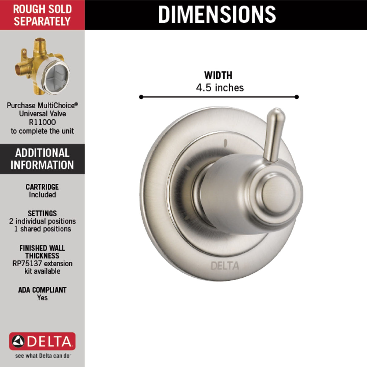 T11800-SS 3-Setting 2-Port Diverter Trim Stainless
