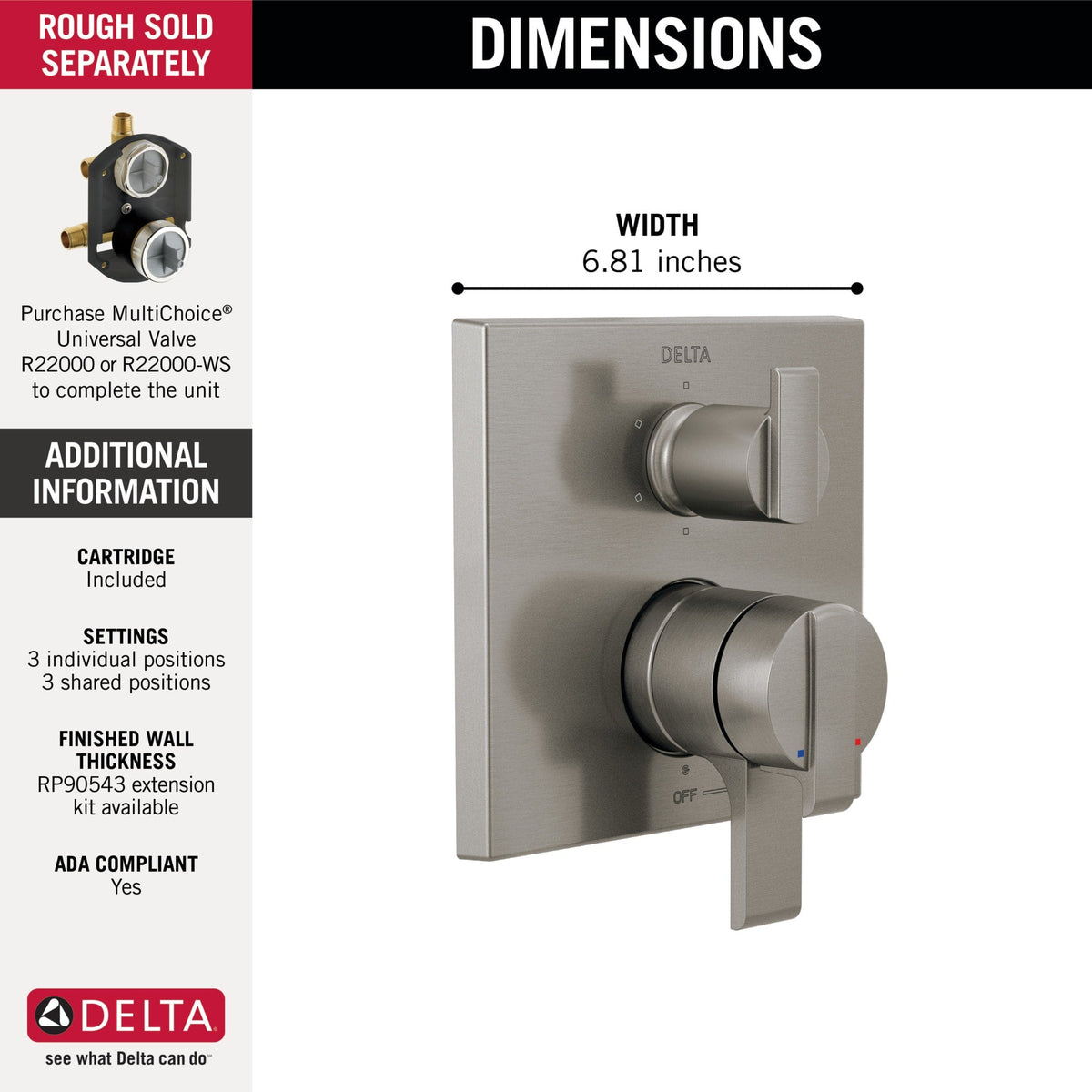 T27967-SS Ara® Angular Modern Monitor® 17 Series Valve Trim with 6-Setting Integrated Diverter Stainless
