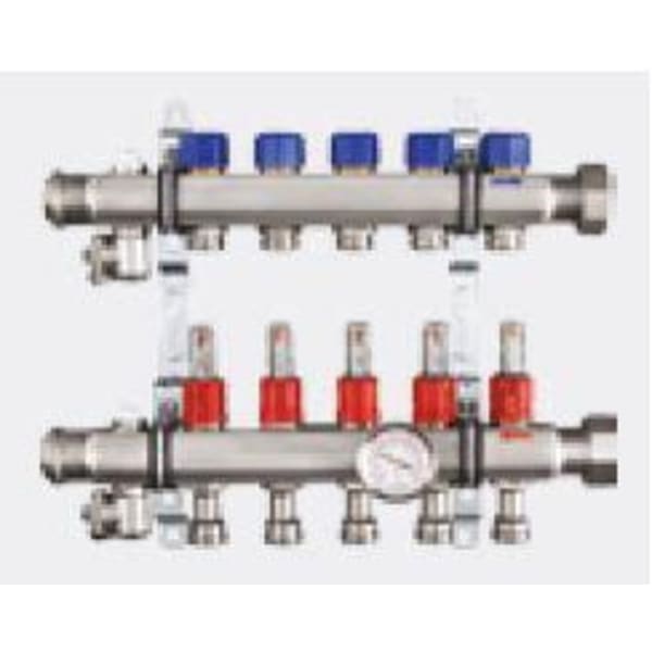16038 1-1/4" x 1", Union x FPT, 100 PSI, 304 Stainless Steel, 10-Port, Heating and Cooling Manifold with Shut-Off/Balancing Valve/Air