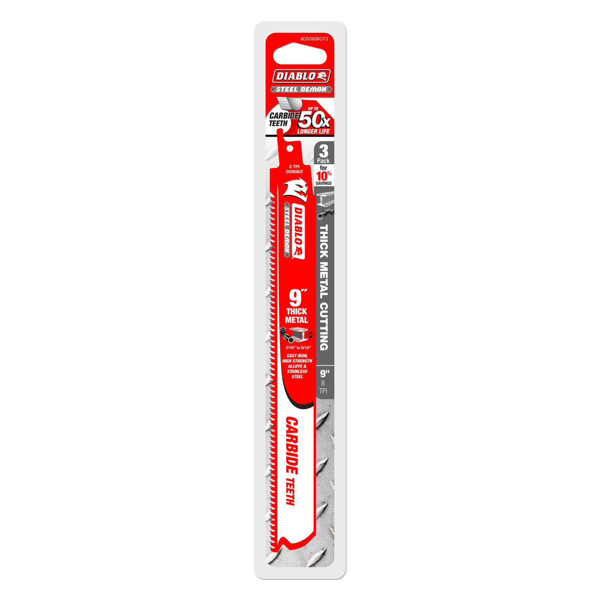 DS0908CF3 9" 8TPI Steel Demon™ Carbide Teeth Reciprocating Saw Blades for Thick Metal (3-Pack)