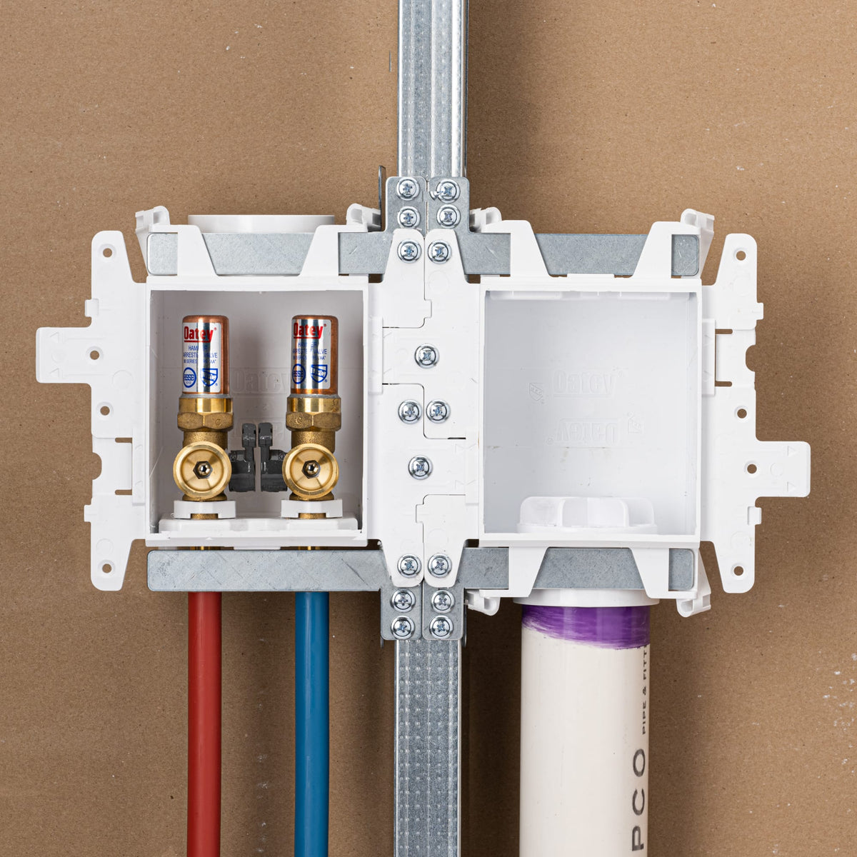 37360 MODA® 2-Valve + Standard Drain F1960 PEX (Brass) Fire-Rated Washing Machine Supply Box with Hammer Arrestor