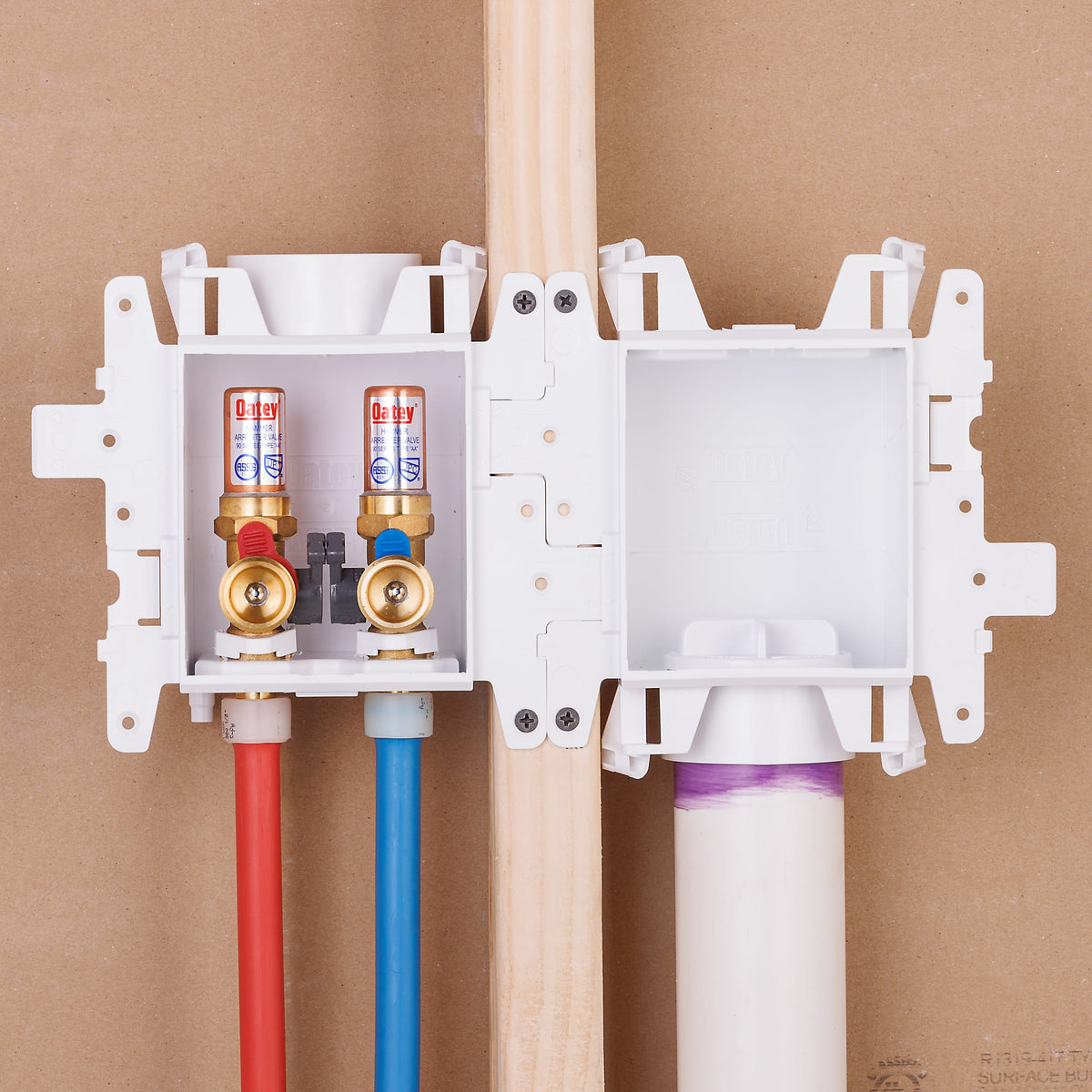 37613 MODA® 2-Valve + Standard Drain F1960 PEX (Brass) Washing Machine Supply Box with Hammer Arrestors - Standard Pack