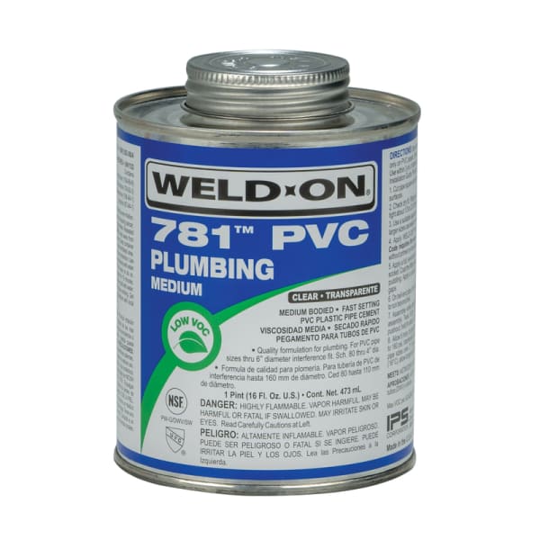 14007 781 PVC Plumbing Solvent Cement, Clear, Low VOC, High Strength, Medium Bodied, Fast Setting, 1 Pint (16 Fl. Oz.)