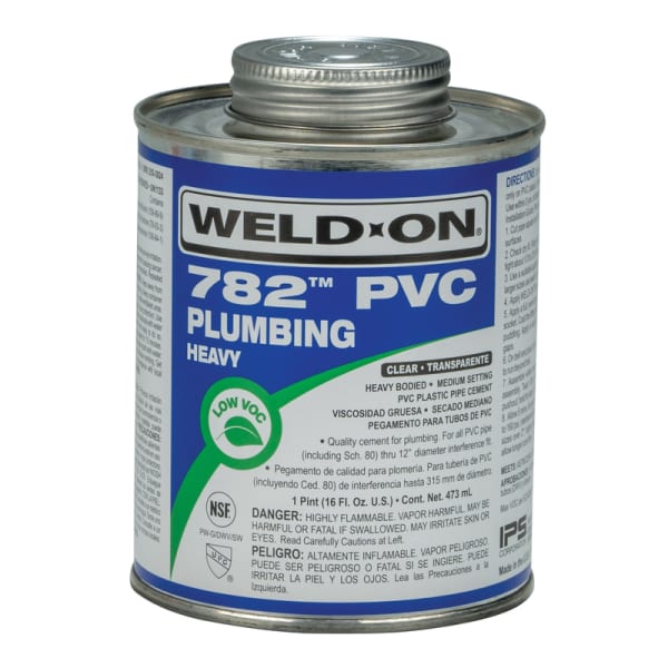 14017 782 PVC Plumbing Solvent Cement, Clear, Low VOC, High Strength, Heavy Bodied, Medium Setting, 1 Pint (16 Fl. Oz.)