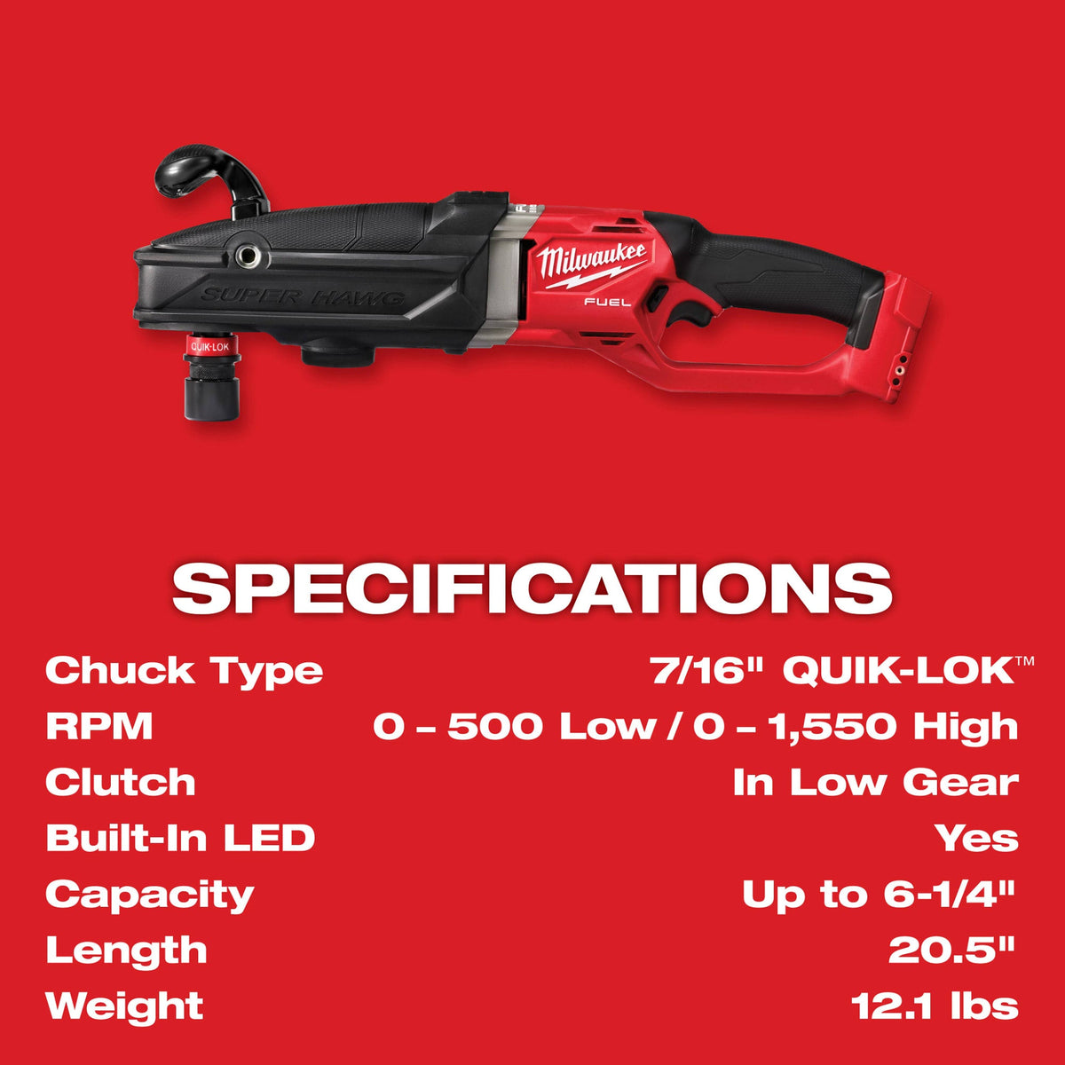 2811-20 M18 FUEL™ SUPER HAWG™ Right Angle Drill w/ QUIK-LOK™