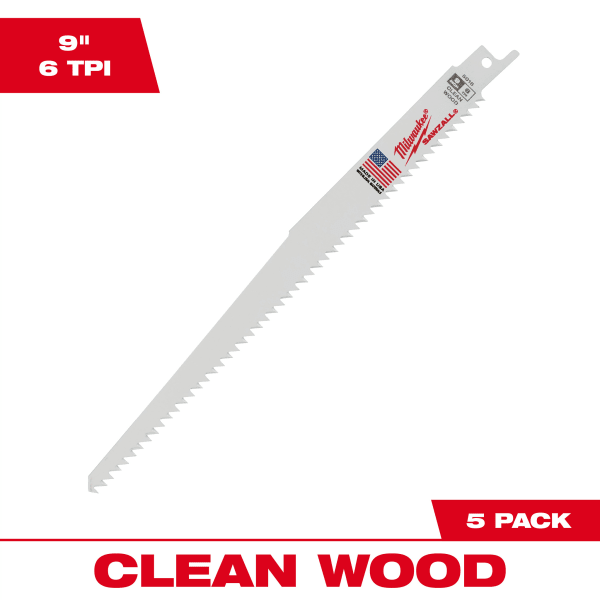 48-00-5016 9" 6 TPI Fleam Ground SAWZALL® Blade for Clean Wood (5 Pack)