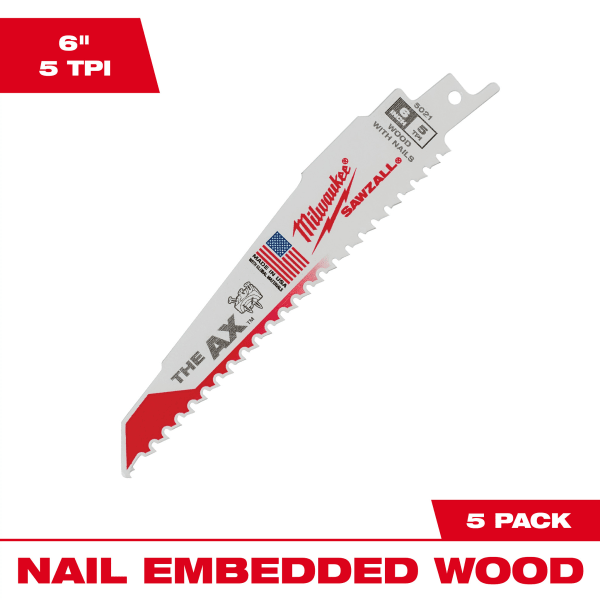 48-00-5021 6" 5 TPI AX™ SAWZALL® Blade for Wood with Nails (5 Pack)