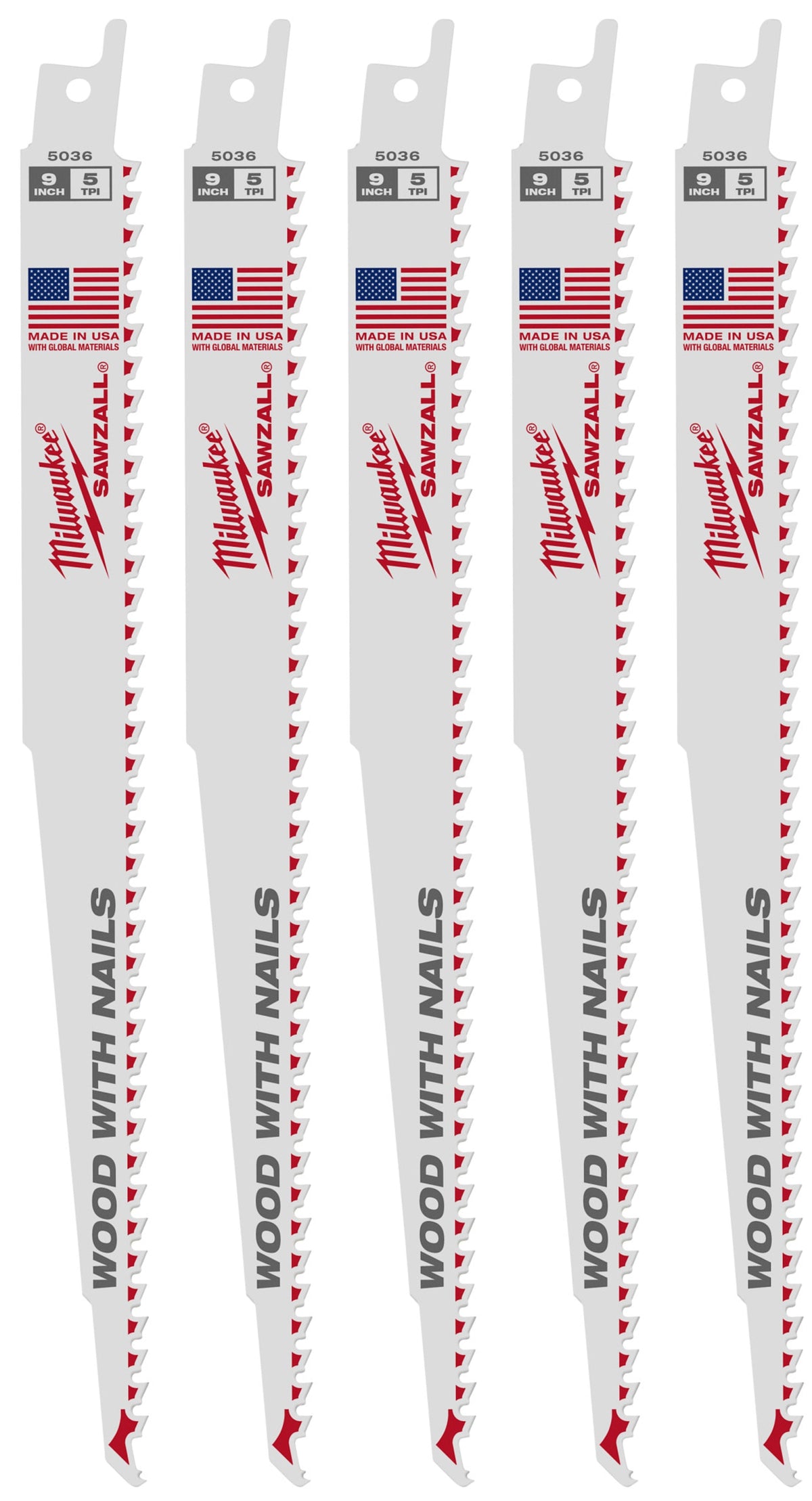 48-00-5036 9" 5 TPI SAWZALL® Blade for Wood with Nails (5 Pack)