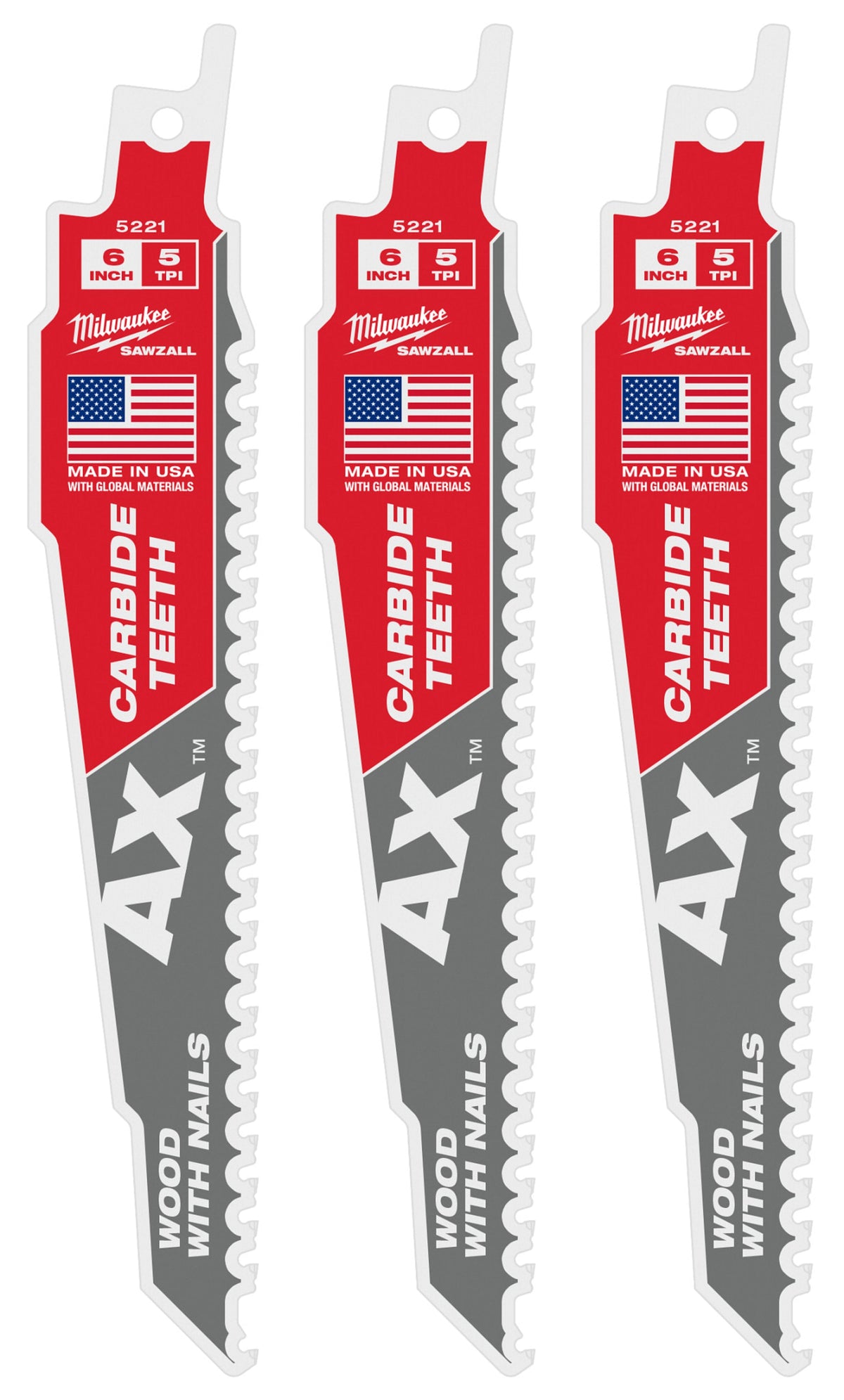 48-00-5321 6" 5 TPI AX™ with Carbide Teeth SAWZALL® Blade for Wood with Nails (3 Pack)