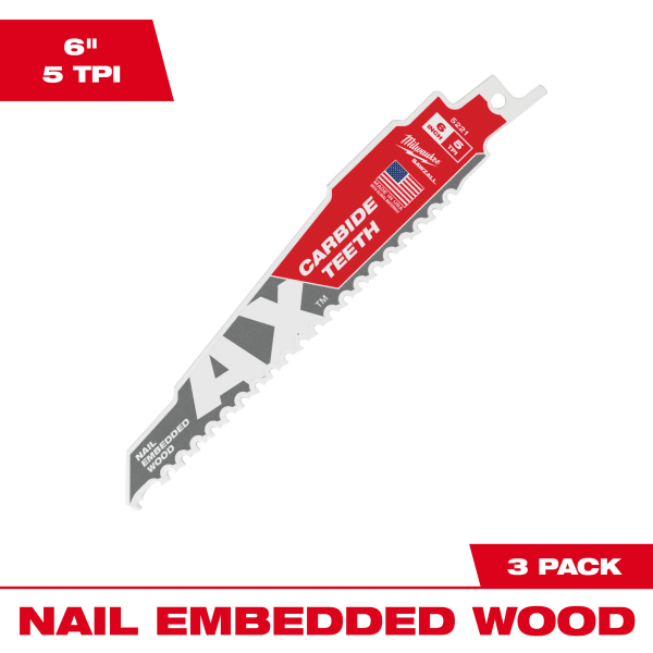 48-00-5321 6" 5 TPI AX™ with Carbide Teeth SAWZALL® Blade for Wood with Nails (3 Pack)
