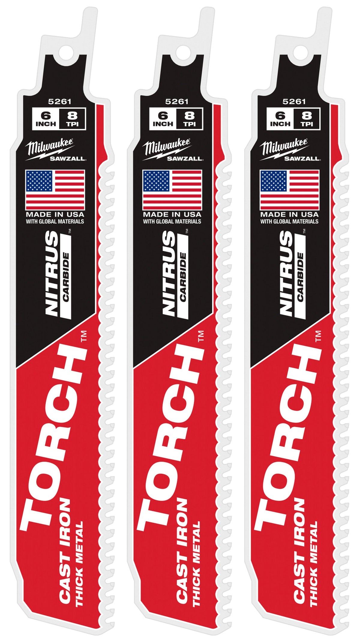 48-00-5361 6" 8 TPI TORCH™ with NITRUS™ Carbide SAWZALL® Blade for Cast Iron (3 Pack)
