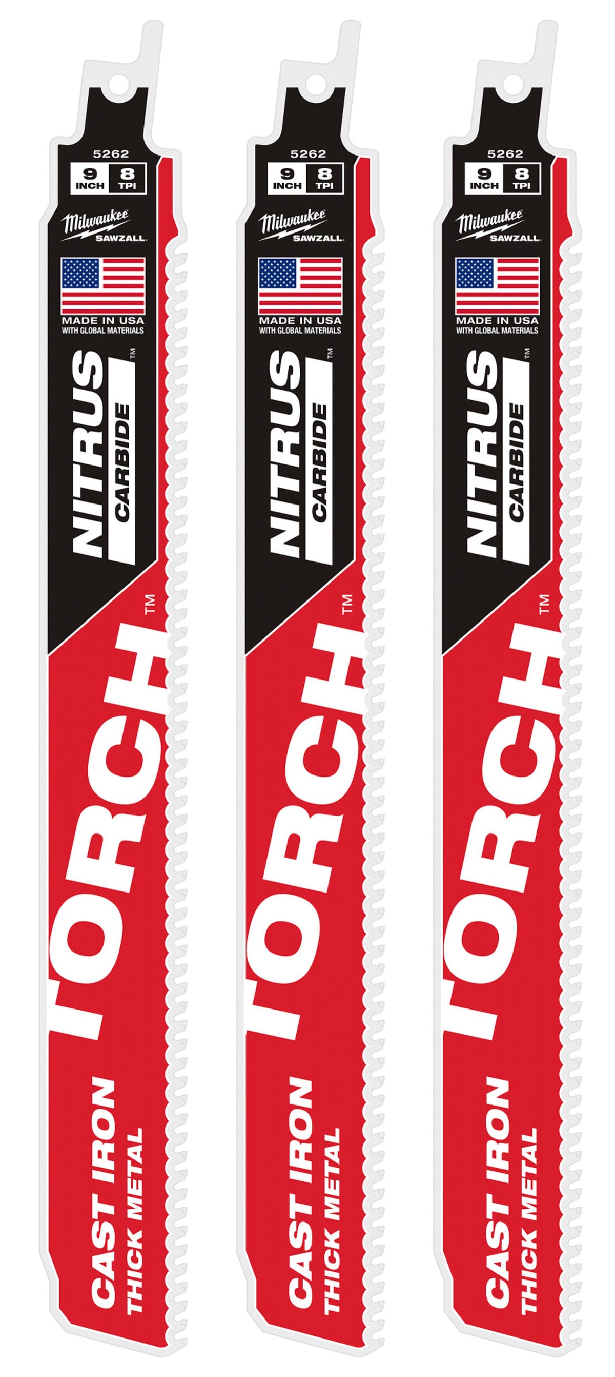 48-00-5262 9" 8 TPI TORCH™ with NITRUS™ Carbide SAWZALL® Blade for Cast Iron (1 Pack)