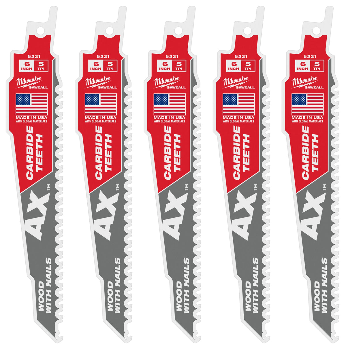 48-00-5521 6" 5 TPI AX™ with Carbide Teeth SAWZALL® Blade for Wood with Nails (5 Pack)