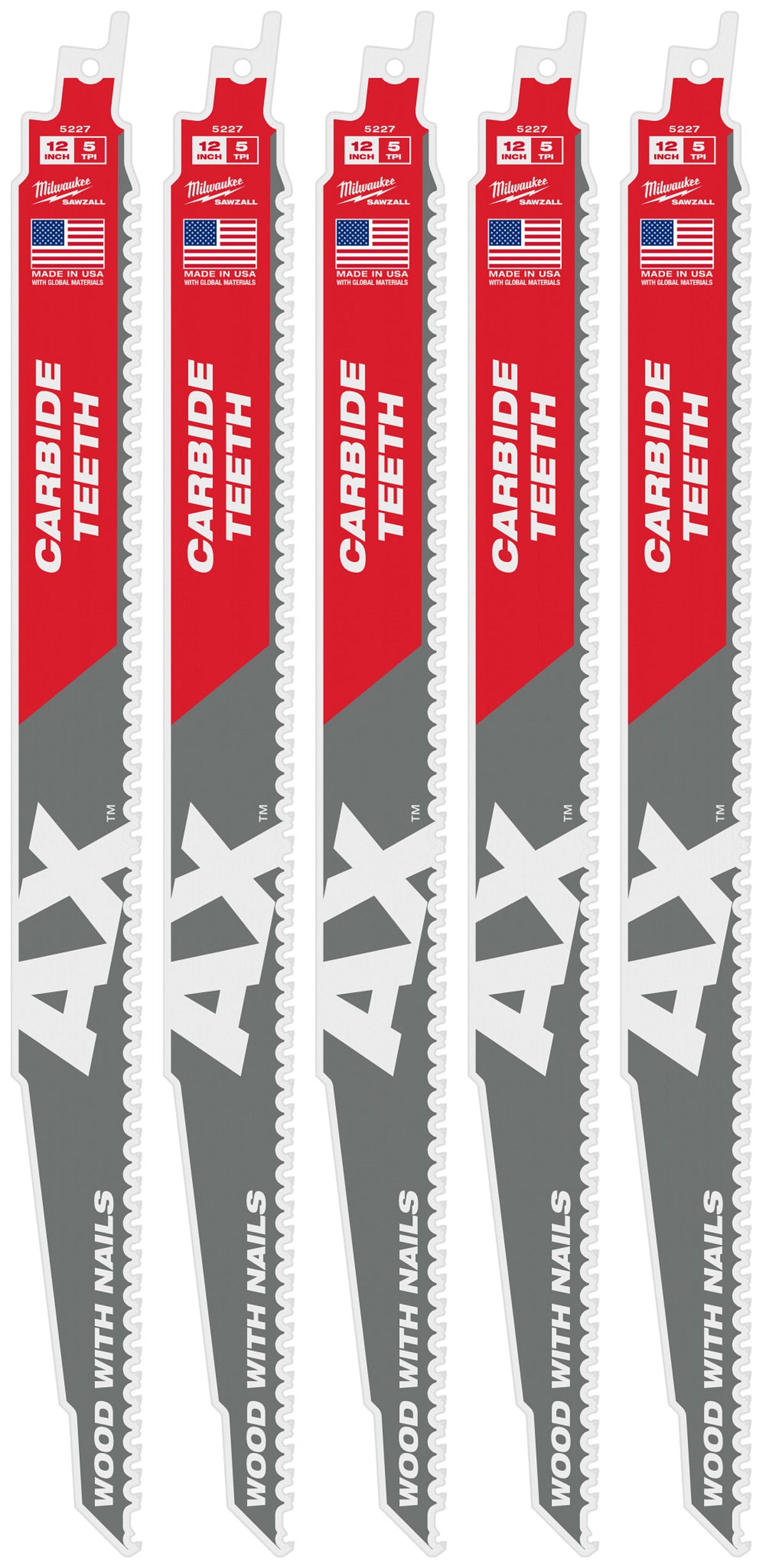 48-00-5527 12" 5 TPI AX™ with Carbide Teeth SAWZALL® Blade for Wood with Nails (5 Pack)