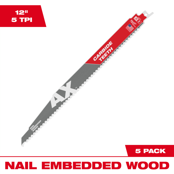 48-00-5527 12" 5 TPI AX™ with Carbide Teeth SAWZALL® Blade for Wood with Nails (5 Pack)