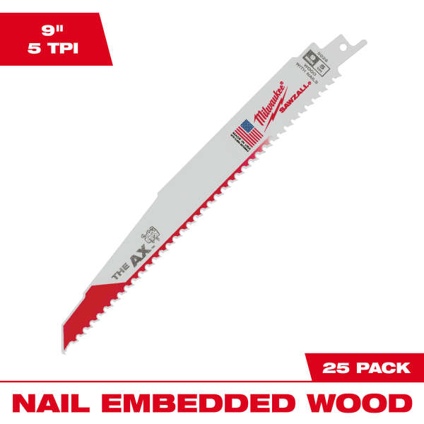48-00-8026 9" 5 TPI AX™ SAWZALL® Blade for Wood with Nails (25 Pack)