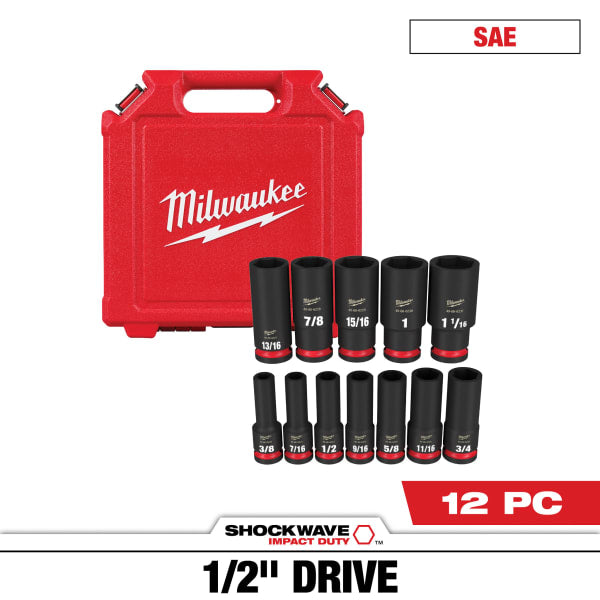 49-66-7011 12 Piece SHOCKWAVE™ Impact Duty 1/2" Drive SAE Deep 6 Point Socket Set