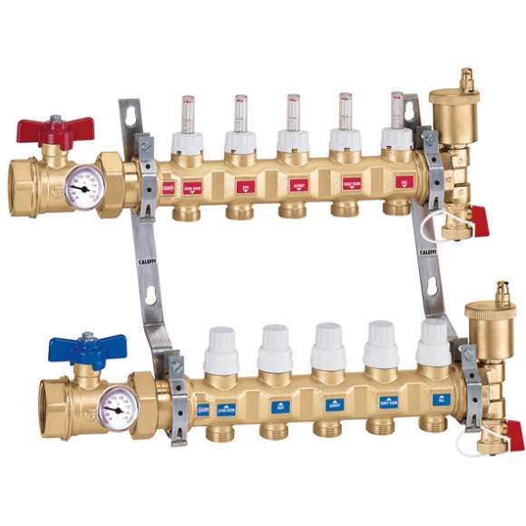 6686H5S1A TwistFlow Radiant Manifold Assembly 8 Loops, 1" Brass with Temperature Gauges