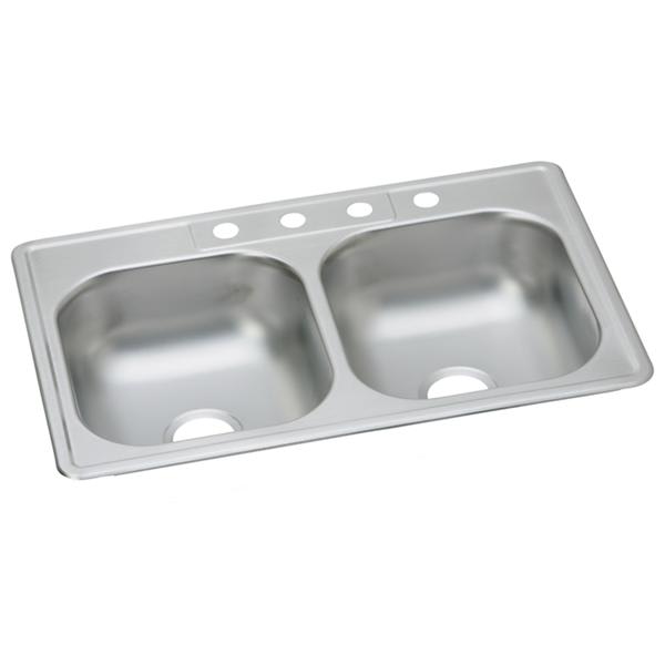 DD233224 Stainless Steel 33" x 22" x 7-1/16" 4-Hole Equal Double Bowl Drop-In Sink