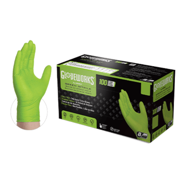 Large - Industrial Green Nitrile Gloves with Raised Diamond Texture Box of 100