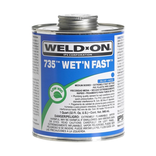 12495 735 Wet ëN Fast PVC Solvent Cement, Blue, Low VOC, High Strength, Medium Bodied, Extremely Fast Setting, 1 Quart (32 Fl. Oz.)