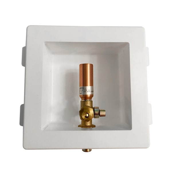 OB-817-LL Plastic Ice Maker Box With Hammer Arrester - White, 1/2" Copper Sweat x 1/4" Compression
