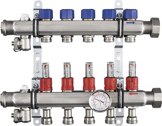 16040 1-1/4" x 1", Union x FPT, 100 PSI, 304 Stainless Steel, 12-Port, Heating and Cooling Manifold with Shut-Off/Balancing Valve/Air