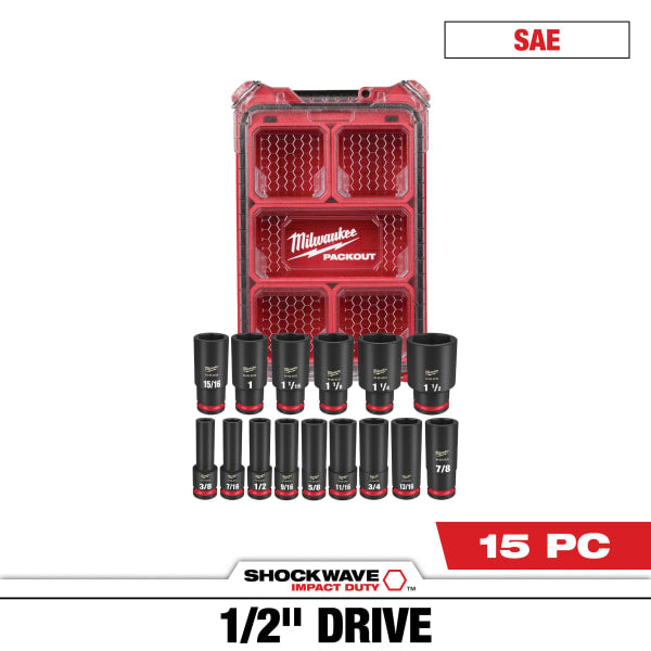 49-66-6802 15 Piece SHOCKWAVE™ Impact Duty Socket 1/2" Drive SAE Set with PACKOUT™