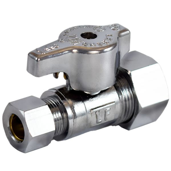 114-704NL 5/8" x 3/8" - Comp (OD) x Comp (OD), No Lead Chrome-Plated Forged Brass 1/4-Turn Ball-Type OD x OD Straight Stop Valve
