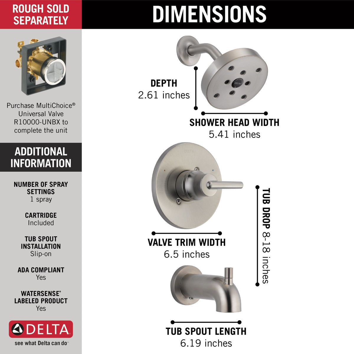 T14459-SS Trinsic® Monitor® 14 Series H2OKinetic® Tub & Shower Trim Stainless
