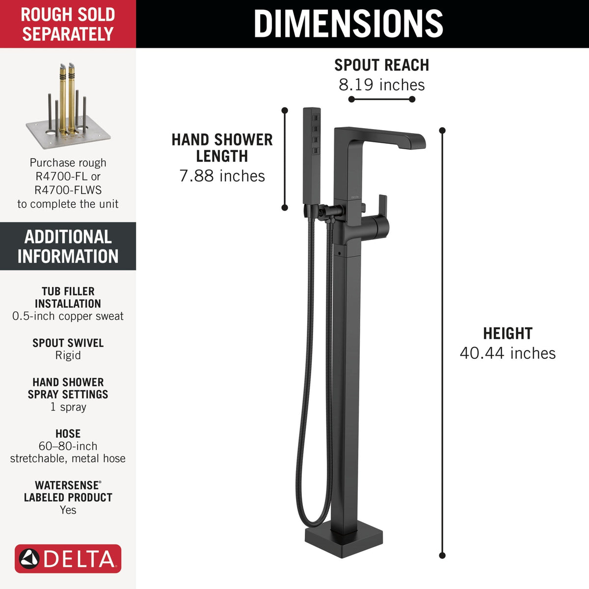 T4767-BLFL Ara® Single Handle Floor Mount Tub Filler Trim with Handshower Matte Black