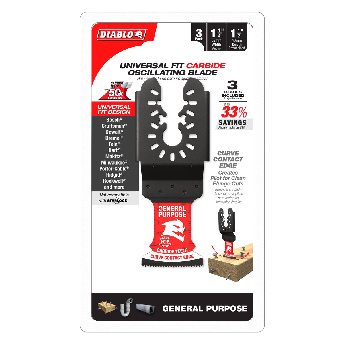 DOU125CGP3 1-1/4" AMPED™ Demo Demon™ Universal Fit Carbide Teeth Oscillating Blades for General Purpose Cuts (3-Pack)