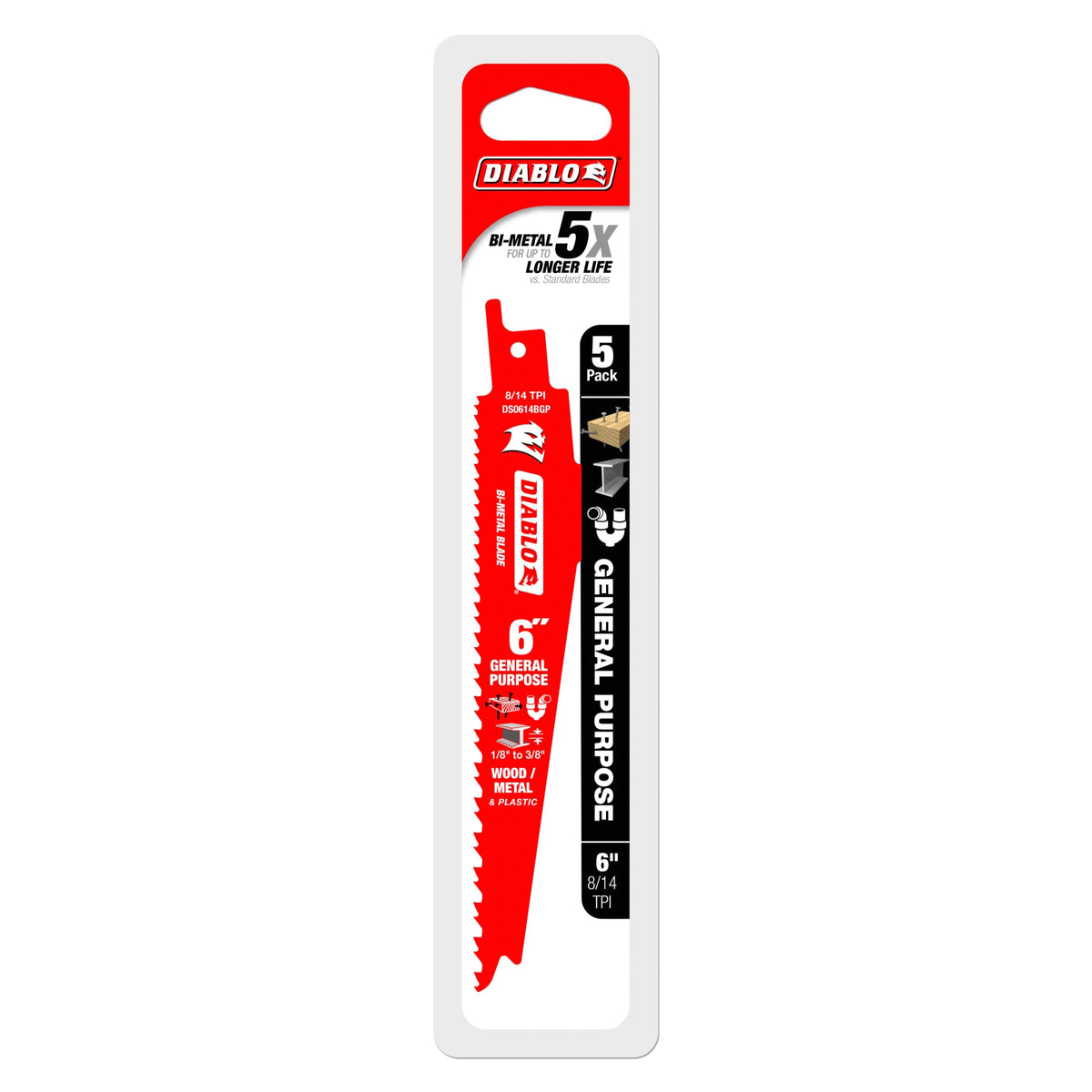 DS0614BGP5 6" 8/14TPI Bi-Metal Reciprocating Saw Blades for General Purpose Cuts (5-Pack)