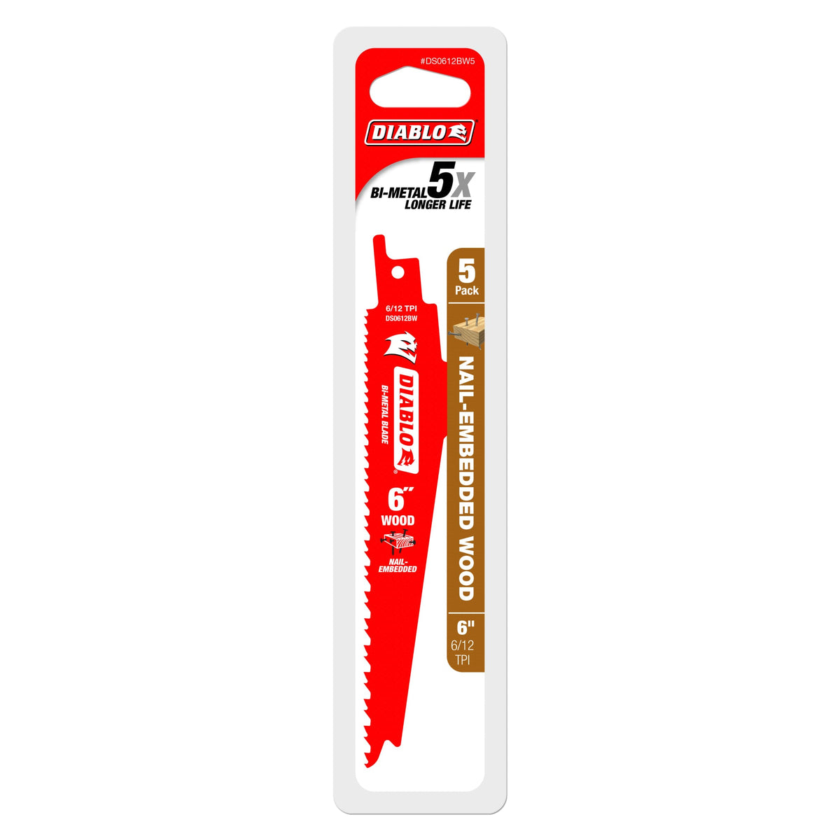 DS0612BW5 6" 6/12TPI Bi-Metal Reciprocating Saw Blades for Nail-Embedded Wood (5-Pack)