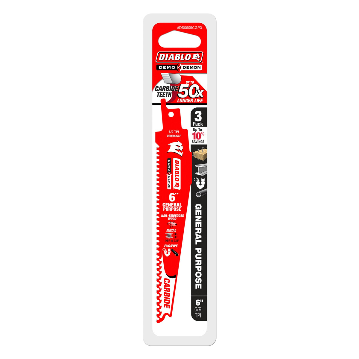 DS0609CGP3 6" 6/9 TPI Demo Demon™ Carbide Teeth Reciprocating Saw Blades for General Purpose Cuts (3-Pack)
