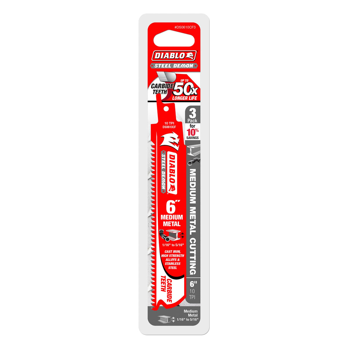 DS0610CF3 6" 10 TPI Steel Demon™ Carbide Teeth Reciprocating Saw Blades for Medium Metal (3-Pack)
